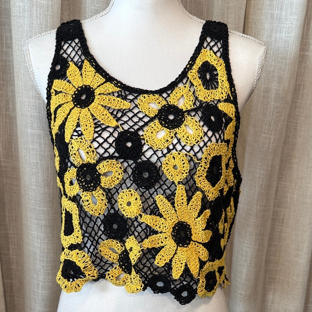 Floral Crochet Crop Top in Black and Yellow - Picture 2 of 14
